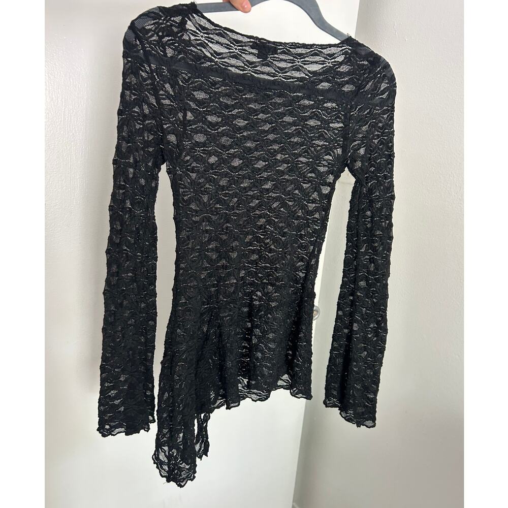 Sheer Black Lace Asymmetrical Hem Long Sleeve Top - Picture 6 of 6